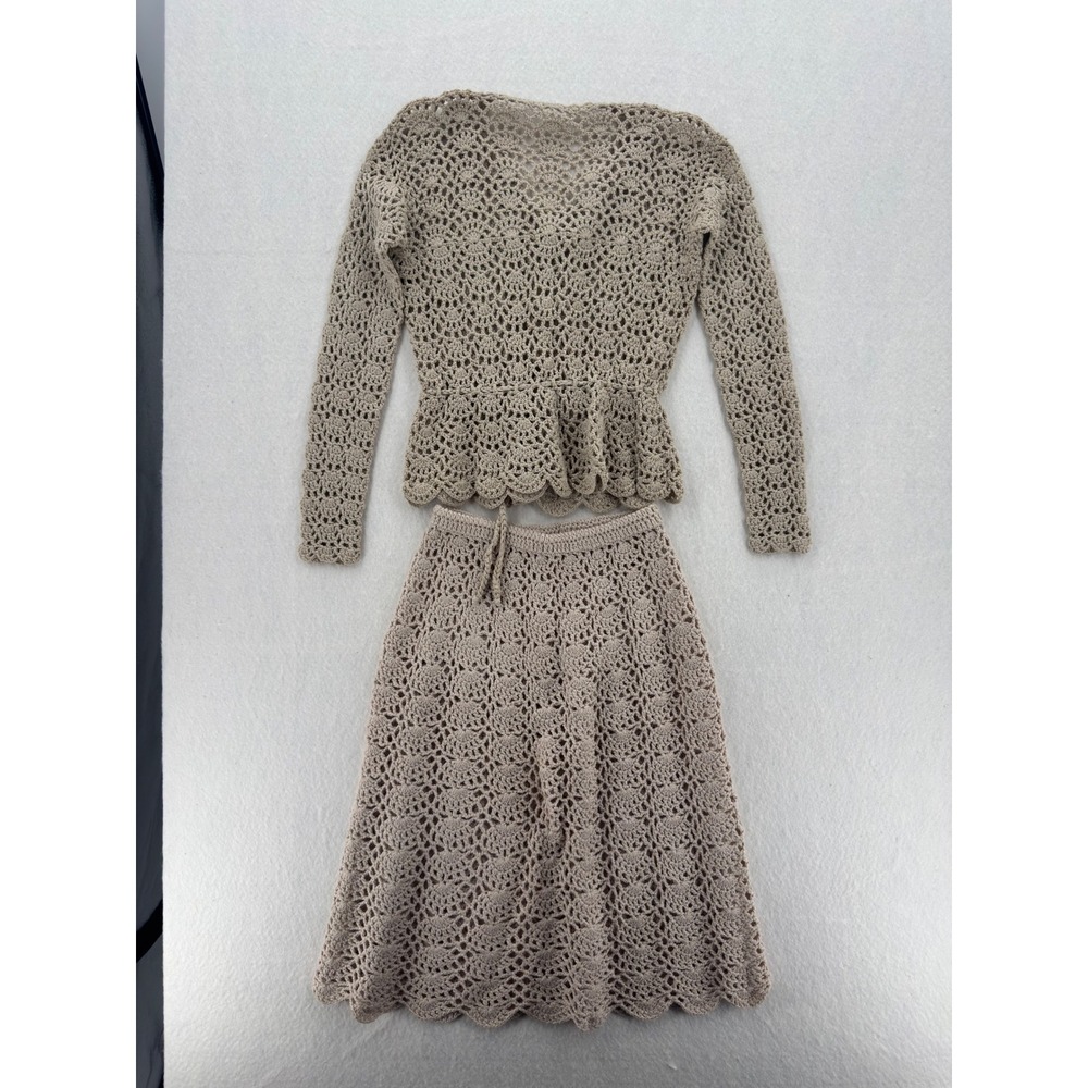 Vintage Handmade Cottage Core Crochet 2Pc Set Beige Cardigan Top‎ & A-Line Skirt - Picture 2 of 6